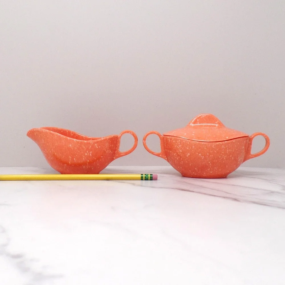 Vintage Joan Luntz Gaiety Melmac / Melamine Cream and Sugar Set, Speckled Coral